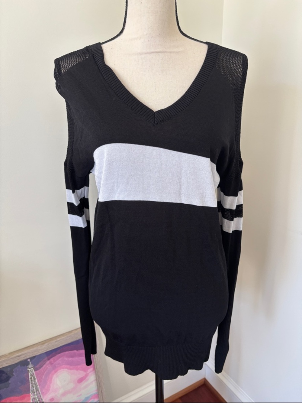 Blanc Noir Black and White Striped V-Neck Sweater